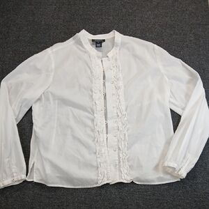 Jones New York Signature White Ruffled Front  Boho Women's Blouse Sz XL